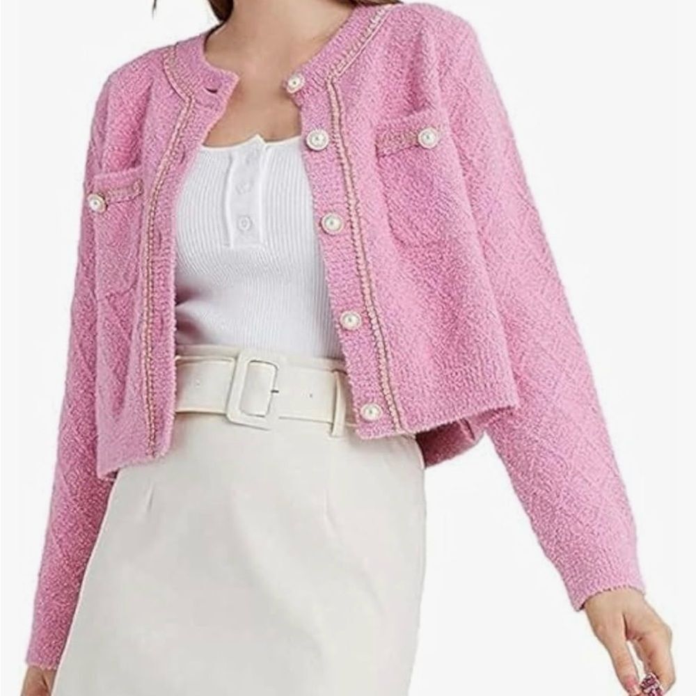 Urban Revivo Knit Cardigan with Pearl Buttons and Gold Trim